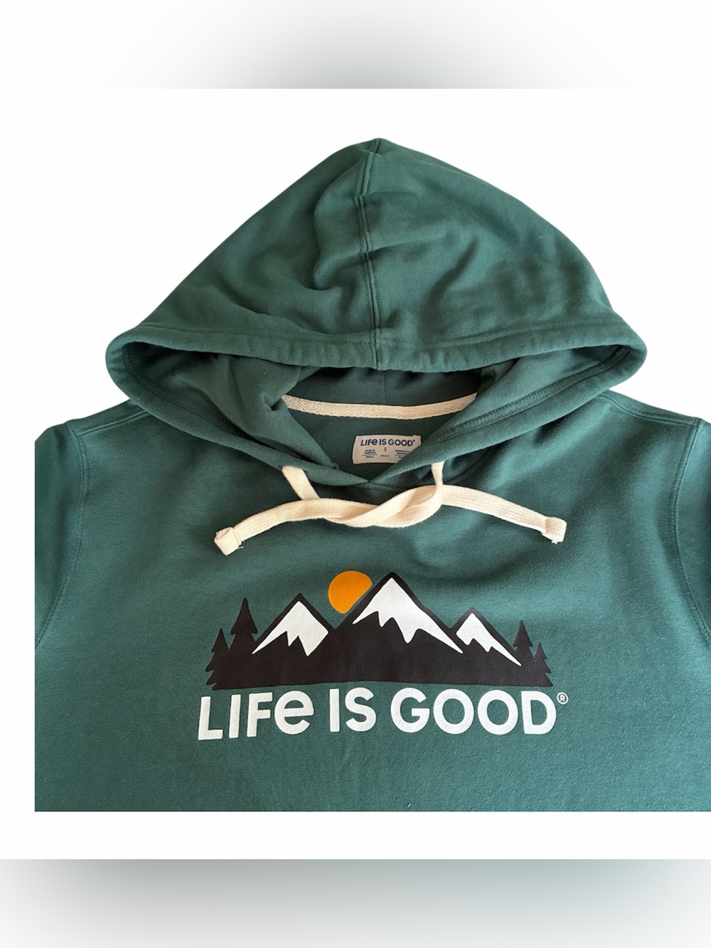 Life is Good Men’s Sz S Green Preppy Hoodie Graphic Pullover Mountain Logo
